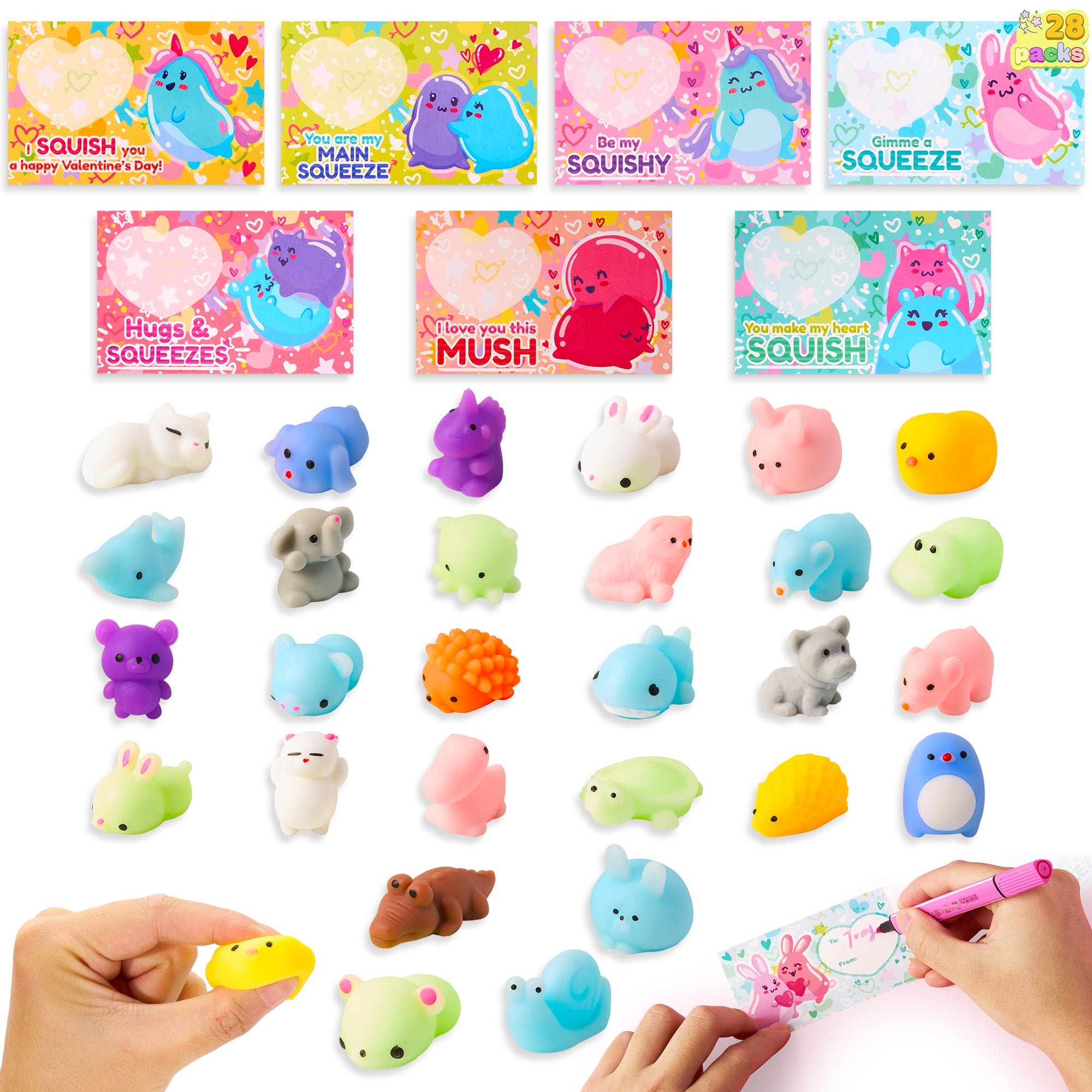 Syncfun 28 Packs Valentines Day Cards pack with Mochi Squishy Toys Set, Cute Animal Squeeze Fidge... | Walmart (US)