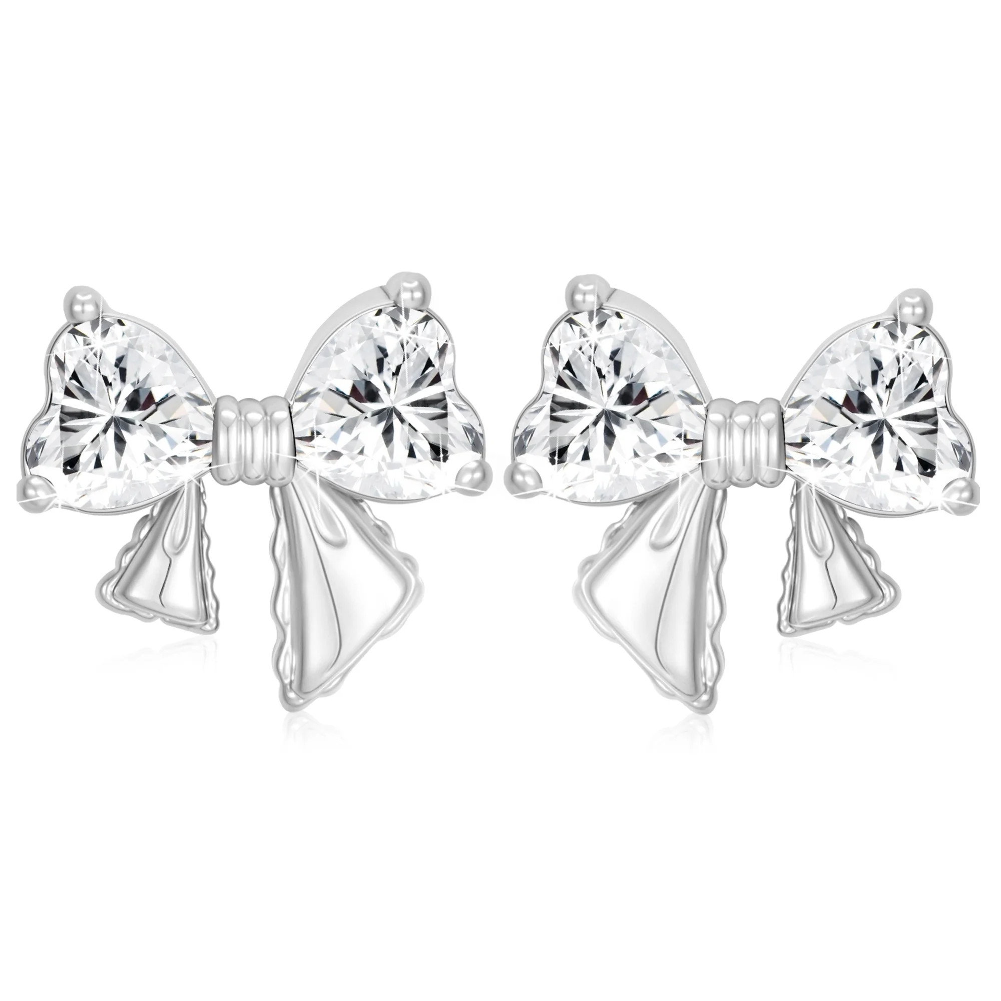 APSVO 18K White Gold Plated Bow Stud Earrings for Women Girls CZ Hypoallergenic Post S925 Sterlin... | Walmart (US)