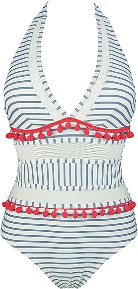 COCOSHIP Women's Plunging Neck Striped Mesh One Piece Backless Bather Swimsuit Pom Pom Tassel Swimwe | Amazon (US)
