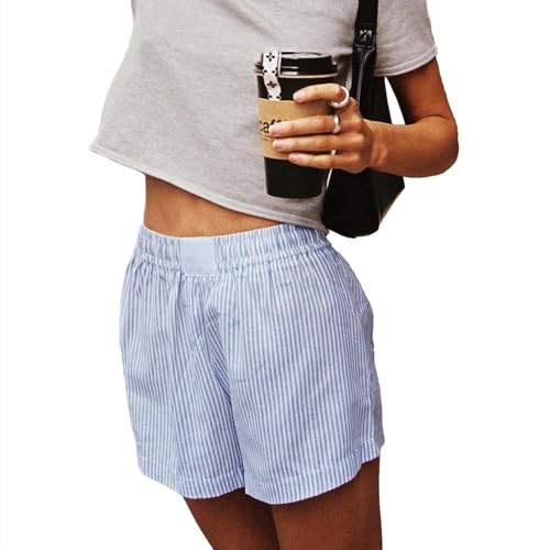 Yojeasrio Cute Striped Boxer Shorts for Women Y2k Low Rise Elastic Waist Lounge Pj Bottoms Shorts Gingham Sleep Shorts Summer (Light Blue, M) | Amazon (US)