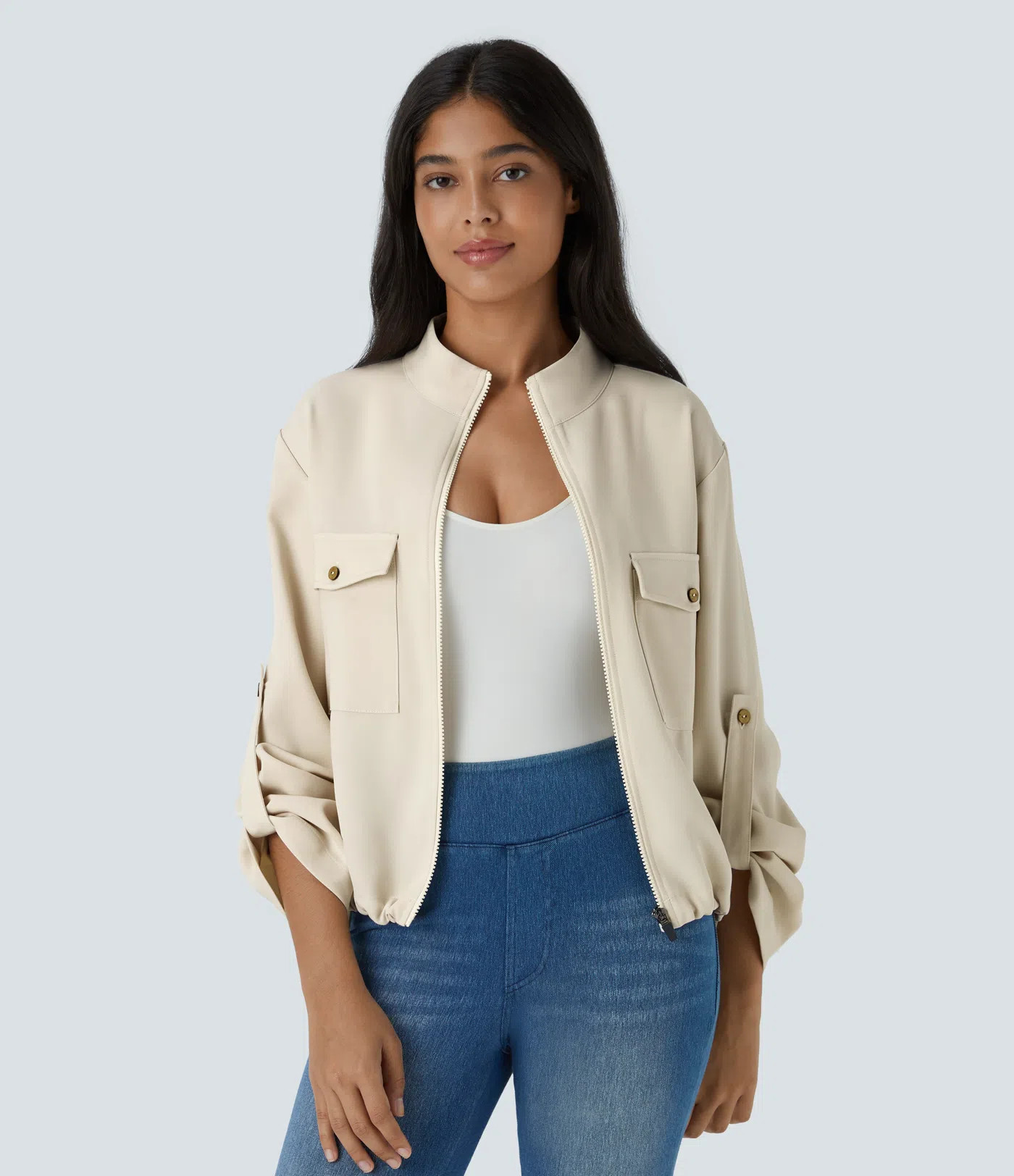 Stand Collar Roll Tab Sleeve Flap Pocket Inside Drawstring Hem Zip Casual Jacket | HALARA