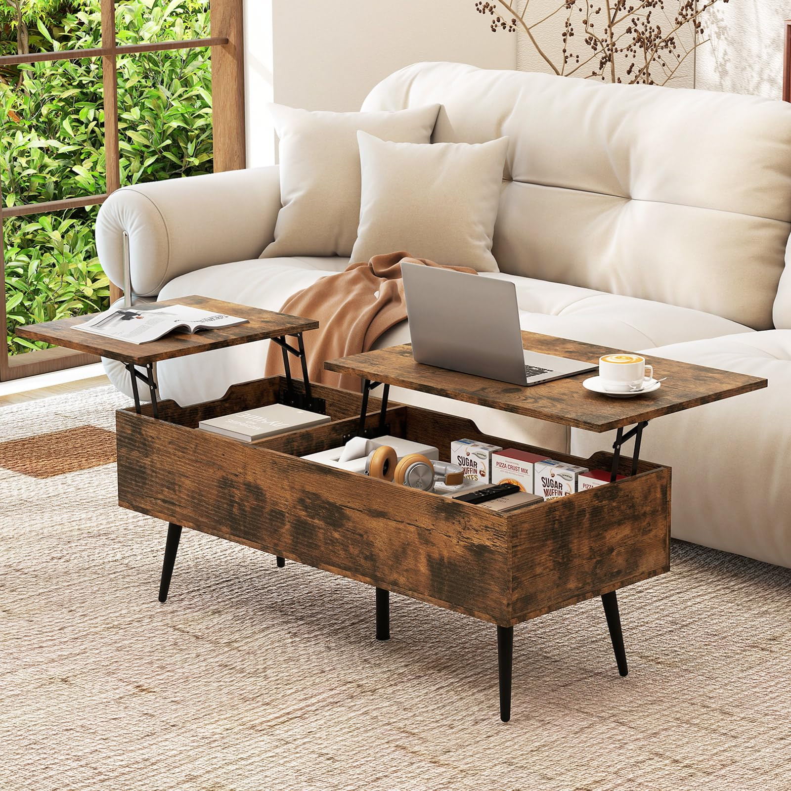Tangkula Lift Top Coffee Table, Mid Century Modern Center Table with Split Top & 2 Hidden Compart... | Amazon (US)