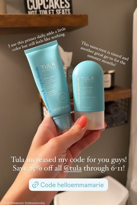 I use this primer daily, adds a little color but still feels like nothing!! This sunscreen is tinted and another great go-to for the summer months! Tula increased my code for you guys! Save 25% off all @tula through 6/11 with code HELLOEMMAMARIE!  #tula #tulapartner #embraceyourskin

#LTKFindsUnder50 #LTKBeauty #LTKSaleAlert