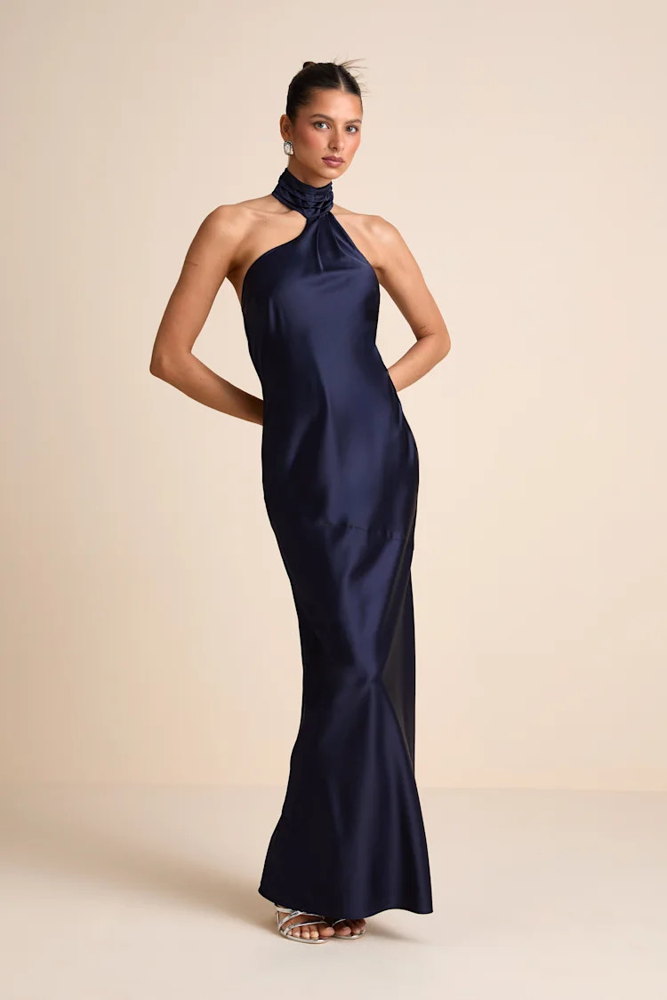 Madalena Navy Satin Cowl Back Maxi Dress | Lulus