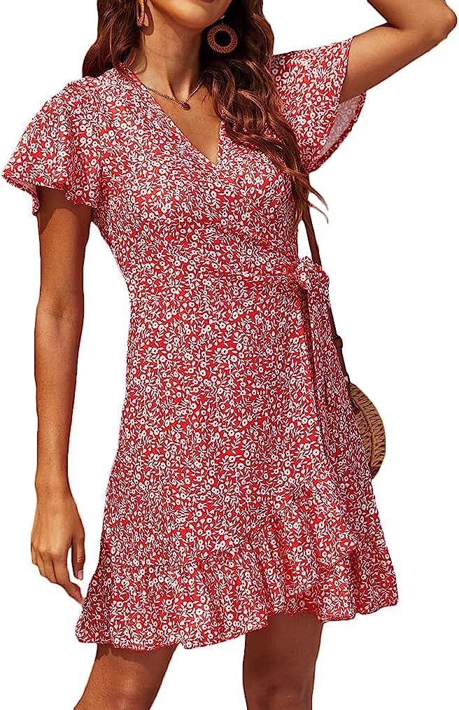 Naggoo Women's Summer Wrap V Neck Polka Dot Print Ruffle Short Sleeve Mini Floral Dress with Belt | Amazon (US)