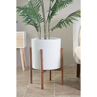 Mid-century Modern White Ceramic Planter with Wood Stand - White | Bed Bath & Beyond