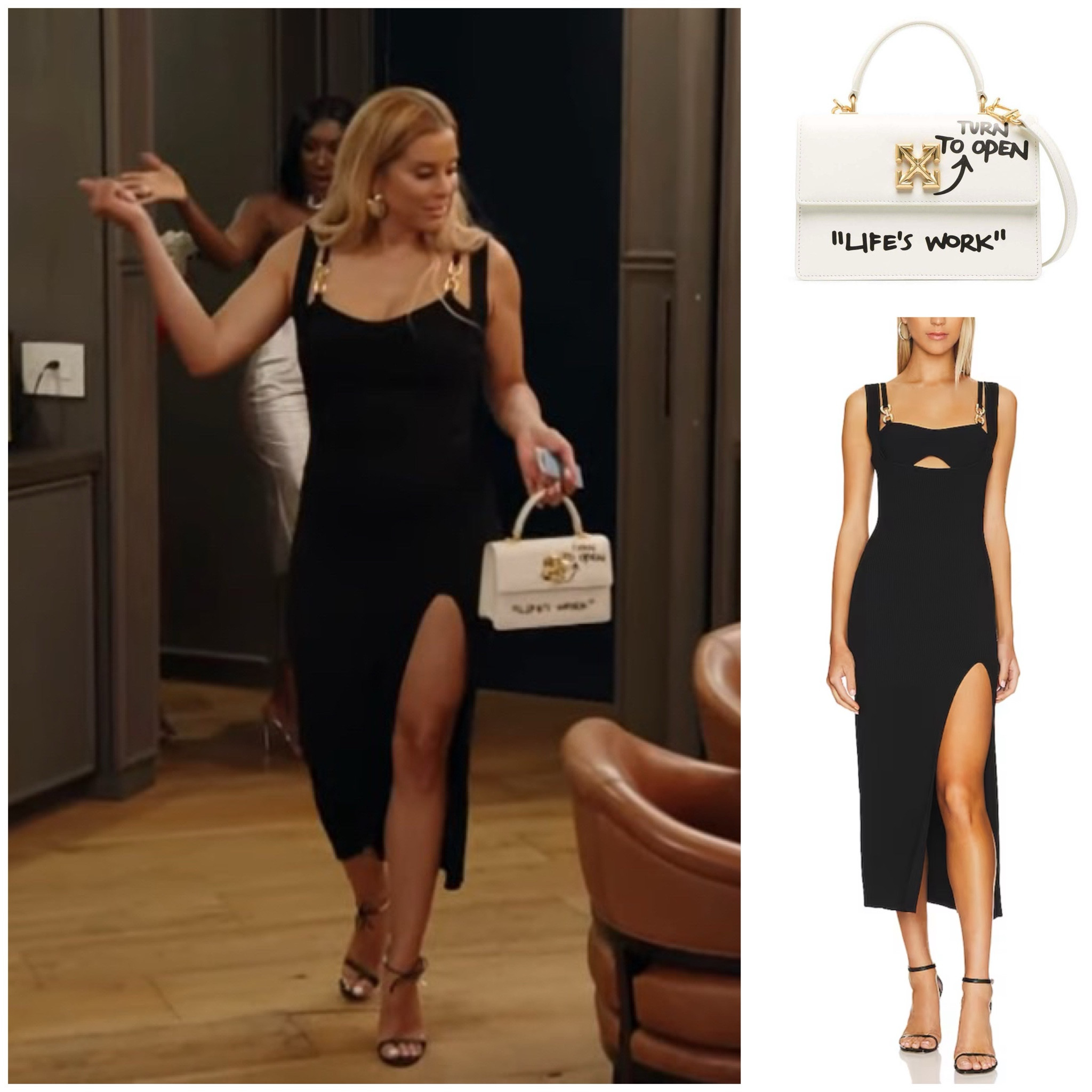 Robyn Dixon’s Black Buckle Strap Dress and White Top Handle Bag in Austin