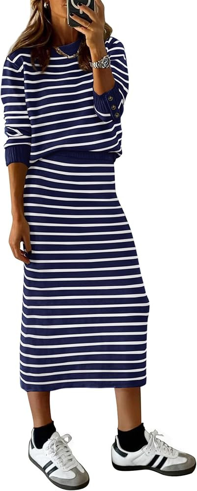 PRETTYGARDEN 2 Piece Skirts Sets for Women Fall Fashion 2026 Striped Sweater Dress Knit Lounge Tr... | Amazon (US)