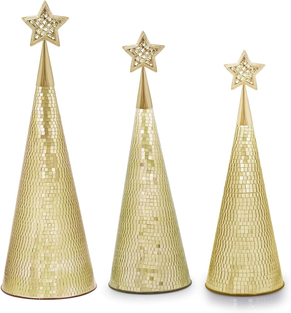 Gold Glass Christmas Trees Set of 3, 17" 15" 13" Small Tabletop Christmas Tree Handmade Disco Dec... | Amazon (US)