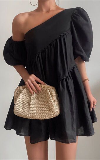 Harleen Mini Dress - Linen Look Asymmetrical Trim Puff Sleeve Dress in Black | Showpo (US, UK & Europe)