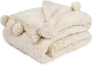 PAVILIA Cream Sherpa Throw Blanket for Couch, Pom Pom | Fluffy Plush Soft Blanket for Sofa Bed | ... | Amazon (US)