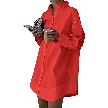 LYANER Women's Casual Shirt Dress Collar V Neck Button Down Loose Long Sleeve Mini Dresses | Amazon (US)