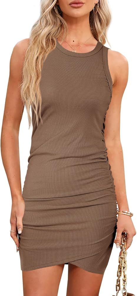 Wenrine Women Casual Crew Neck Ruched Bodycon Dress Sleeveless Wrap Front Ribbed Knit Party Club Sho | Amazon (US)