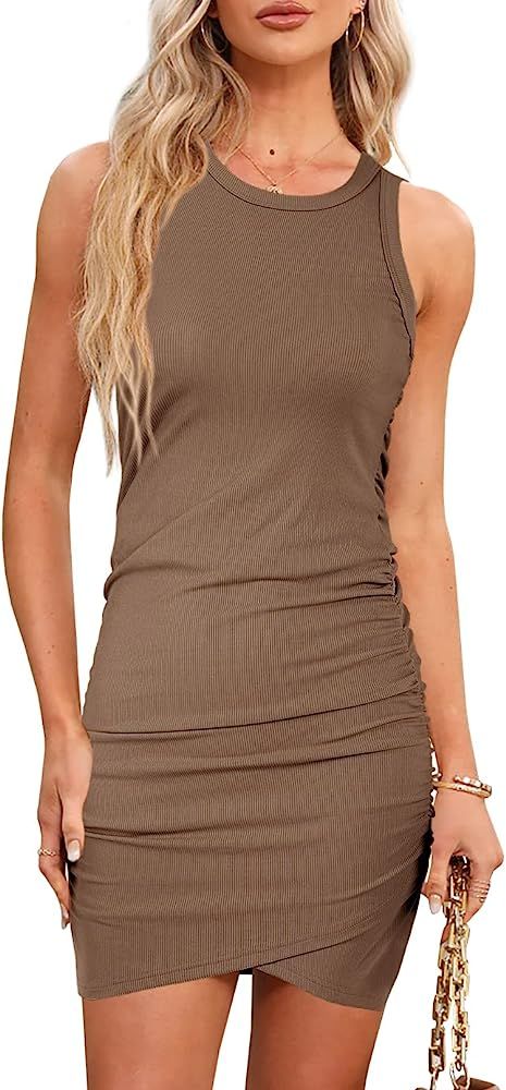 Wenrine Women Casual Crew Neck Ruched Bodycon Dress Sleeveless Wrap Front Ribbed Knit Party Club Sho | Amazon (US)