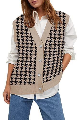 Viottiset Women's Oversized Houndstooth Sweater Vest V Neck Button Sleeveless Knit Cardigan Khaki Small | Amazon (US)