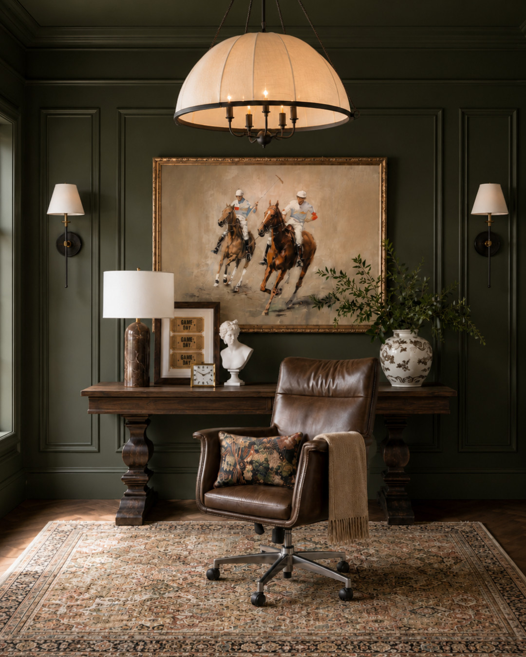 Dark green walls, rich wood tones, aged leather, and equestrian art are a combination that never goes out of style. I rounded up the exact pieces used to create this sophisticated home office—from the statement desk and leather task chair to the sconces and plaid pillows. Perfect for anyone who loves a collected, Ralph Lauren-inspired look with timeless character.

Disclosure: I may earn a small commission from purchases made through my links, at no additional cost to you. 

 #LTKHome
