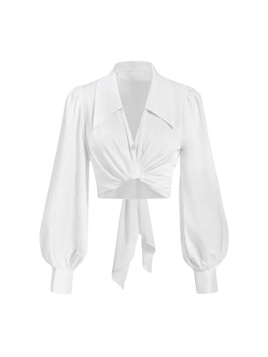 SweatyRocks Women's Button up Collar Cropped Shirt Long Sleeve Self Wrap Crop Top Blouse | Amazon (US)
