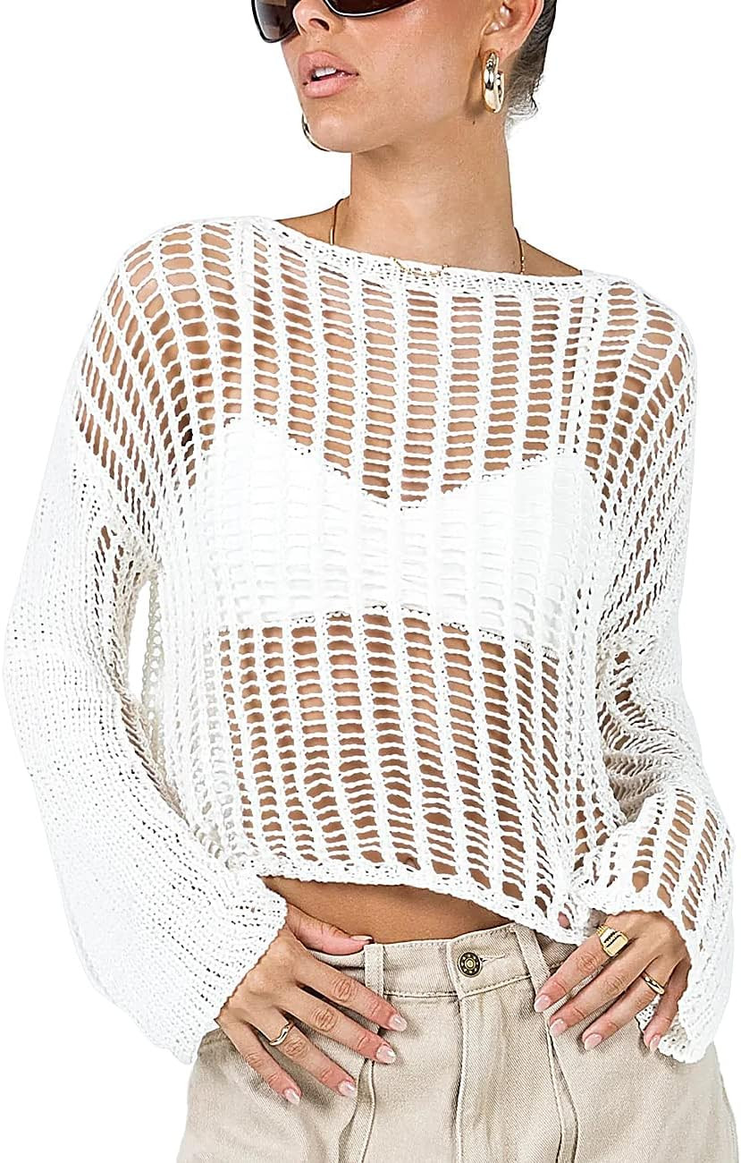 Rapbin Womens Y2K Hollow Out Cropped Top Long Sleeve Crochet Knit Crop Tops Summer Sexy Beach Cov... | Amazon (US)