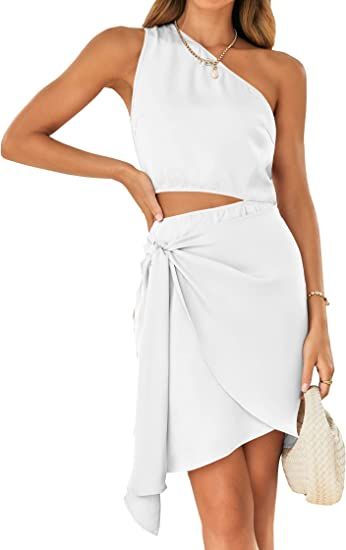 BTFBM Women One Shoulder Sleeveless Satin Mini Dresses Fashion Summer Bodycon Wrap Tie Waist Cock... | Amazon (US)