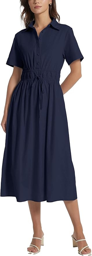 Ladyful Women Casual Button Down Short Sleeve Shirt Dress Tie Waist Midi Shirt Dress Elegant Busi... | Amazon (US)
