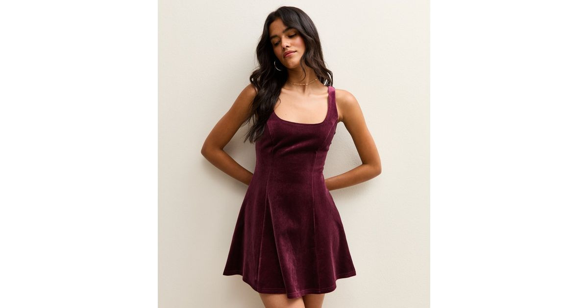 Burgundy Velvet Fit and Flare Mini Dress | New Look | New Look (UK)