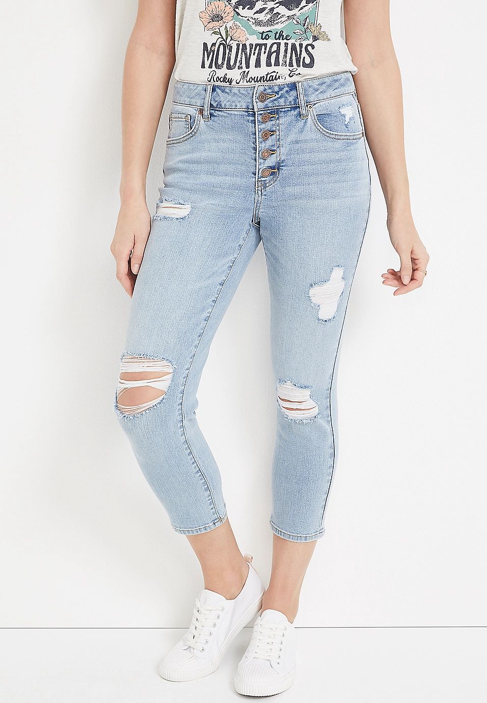 m jeans by maurices™ Straight High Rise Ripped Button Fly Cropped Jean | Maurices
