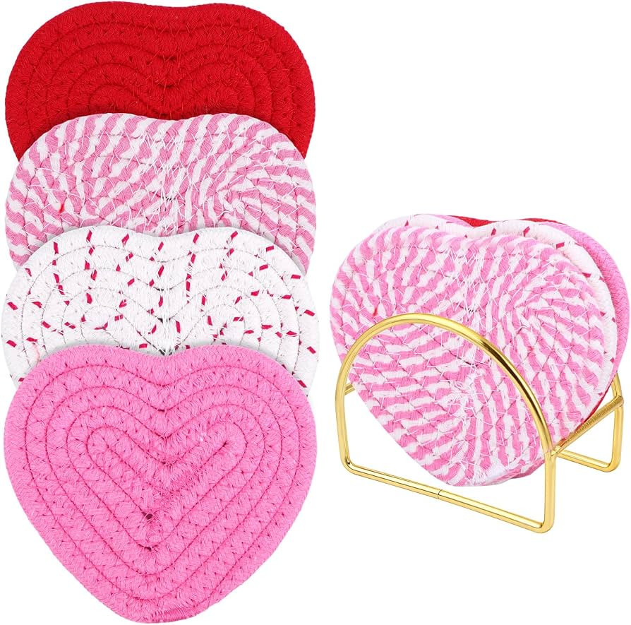 Valentine's Day Heart Coasters with Golden Holder Handmade Knitted Heart Pink Coasters Woven Drin... | Amazon (CA)