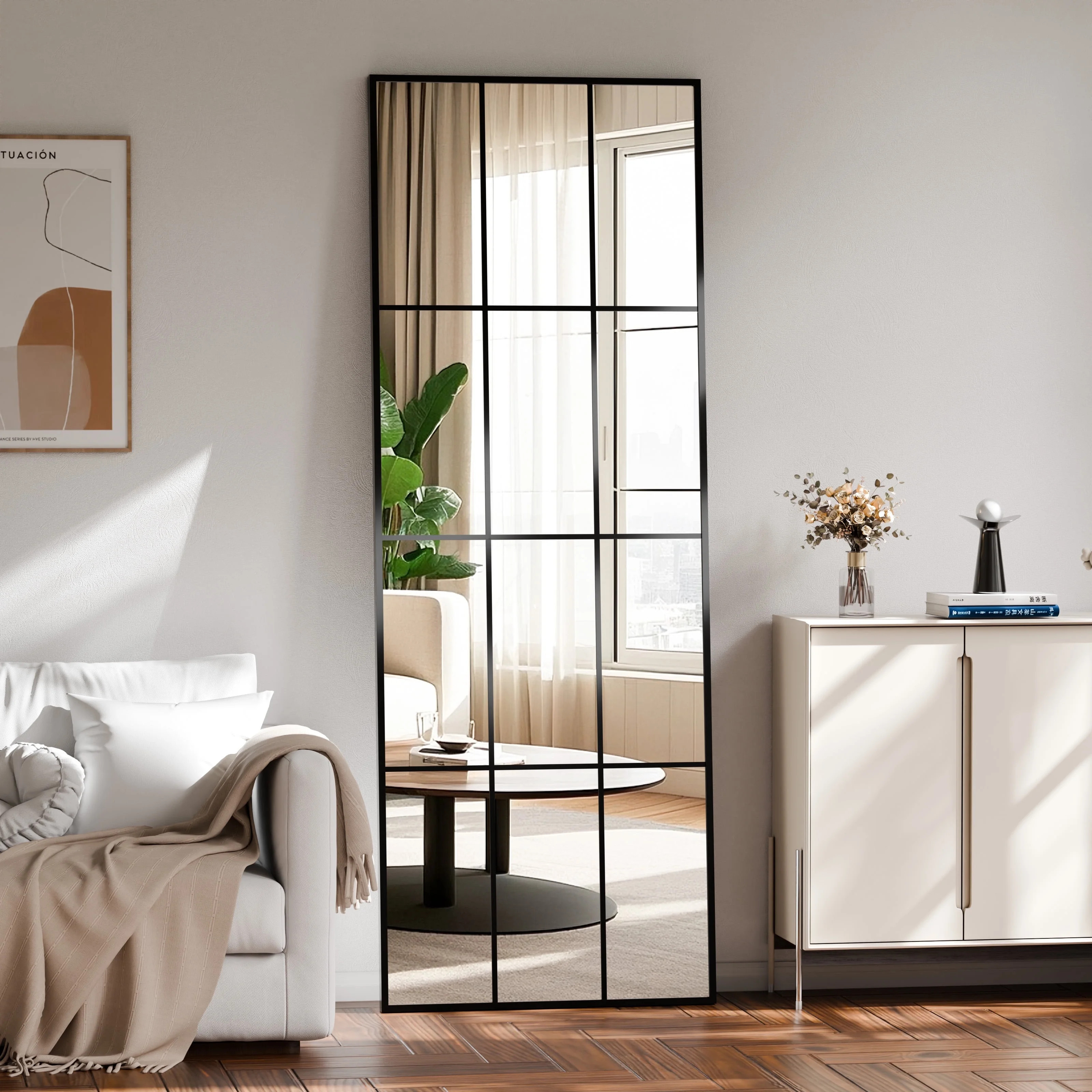 YVANLA 24"x65" Rectangular Window Pane Full Length Mirror Wall-Decor Mirror, Black | Walmart (US)