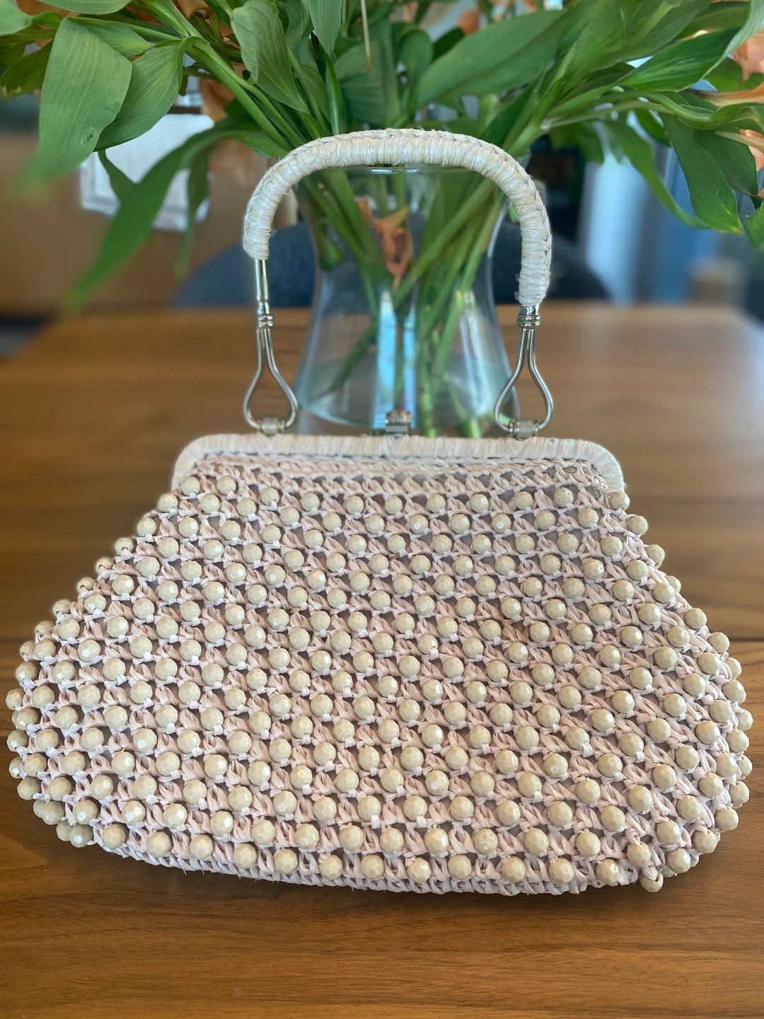 Vintage 1950’s Ivory Beaded Handbag Purse - Cream Beaded Raffia Handbag Top Handle - Etsy | Etsy (US)