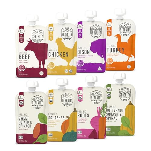 Serenity Kids 6+ Months Baby Food Pouches - 5g Protein Nutrient-Packed Organic Baby Food - No Added Sugar & Veggie-Packed Toddler Snack - On-the-Go Pouch for Toddler Meals - 8 Count, 3.5 oz | Amazon (US)