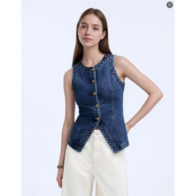 Women’s Washed Denim Vest Button Down Crew Neck Sleeveless Jean Vest Casual Top | Target