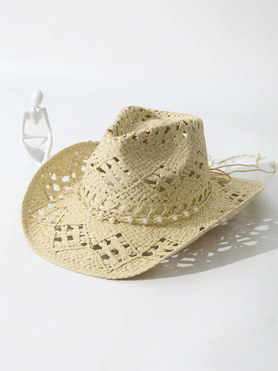 1pc Unisex Pearl Decor Cowboy Hat Hollow Out Wide Brim Handmade Spring Summer Travel Shade Cowgir... | SHEIN