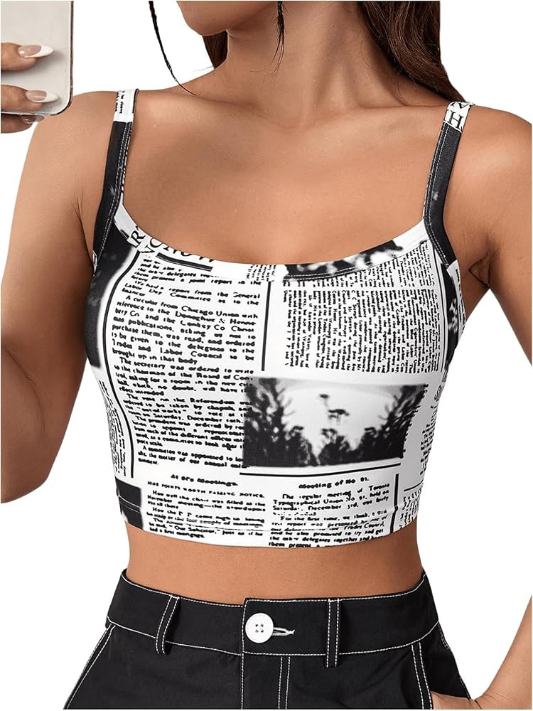 WDIRARA Women's Newspaper Graphic Print Sleeveless Crop Cami Tops | Amazon (US)
