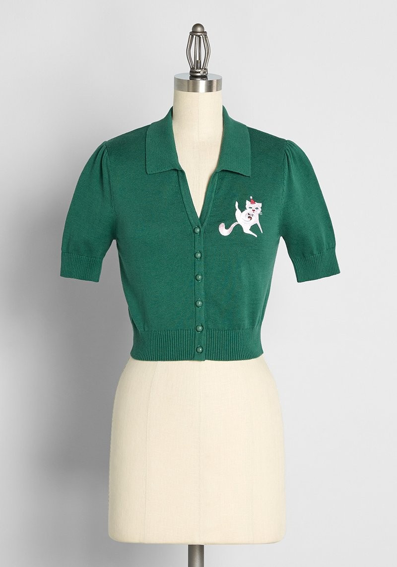 Unapologetic Christmas Kitty Embroidered Short Sleeve Cardigan | ModCloth