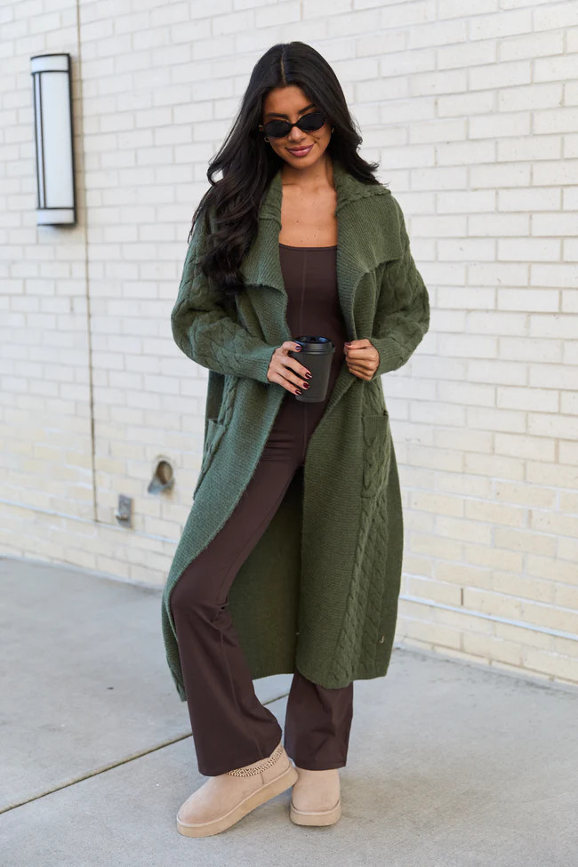 Keegan Green Cable Knit Duster Cardigan | Pink Lily