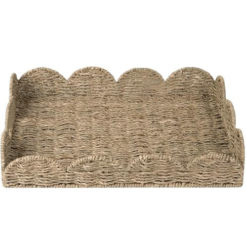 Decorative Tray Rattan Tray 19.7x14.6x3.9 Inch Grass Woven Serving Tray with Scalloped Edge and Built-in Handle Rustic Decorative Coffee Tray Rectangle Storage Tray for Table Living Room Desk | Amazon (US)