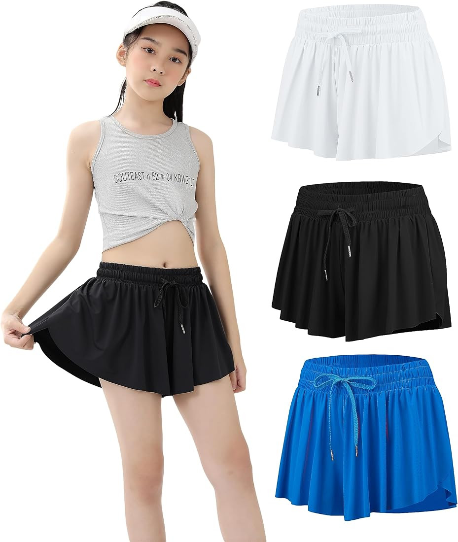 3 Pack Girls Flowy Shorts with Pockets 2 in 1 Youth Teen Kids Athletic Butterfly Skirts Running S... | Amazon (US)