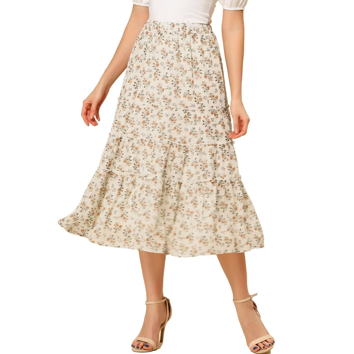 Allegra K Women's Floral Elastic Waist Tiered Ruffle Boho Midi Skirts | Target