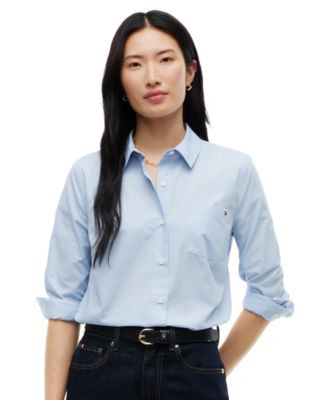 Tommy Hilfiger Women's Classic Poplin Roll-Tab Long-Sleeve Shirt - Citronella | Macy's