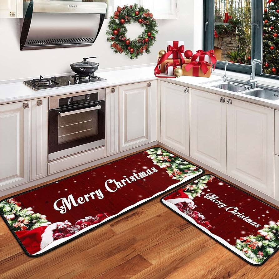 Christmas Kitchen Rugs Set of 2 Kitchen Floor Mats Non-Slip Backing Kitchen Mat Xmas Decorative W... | Amazon (US)