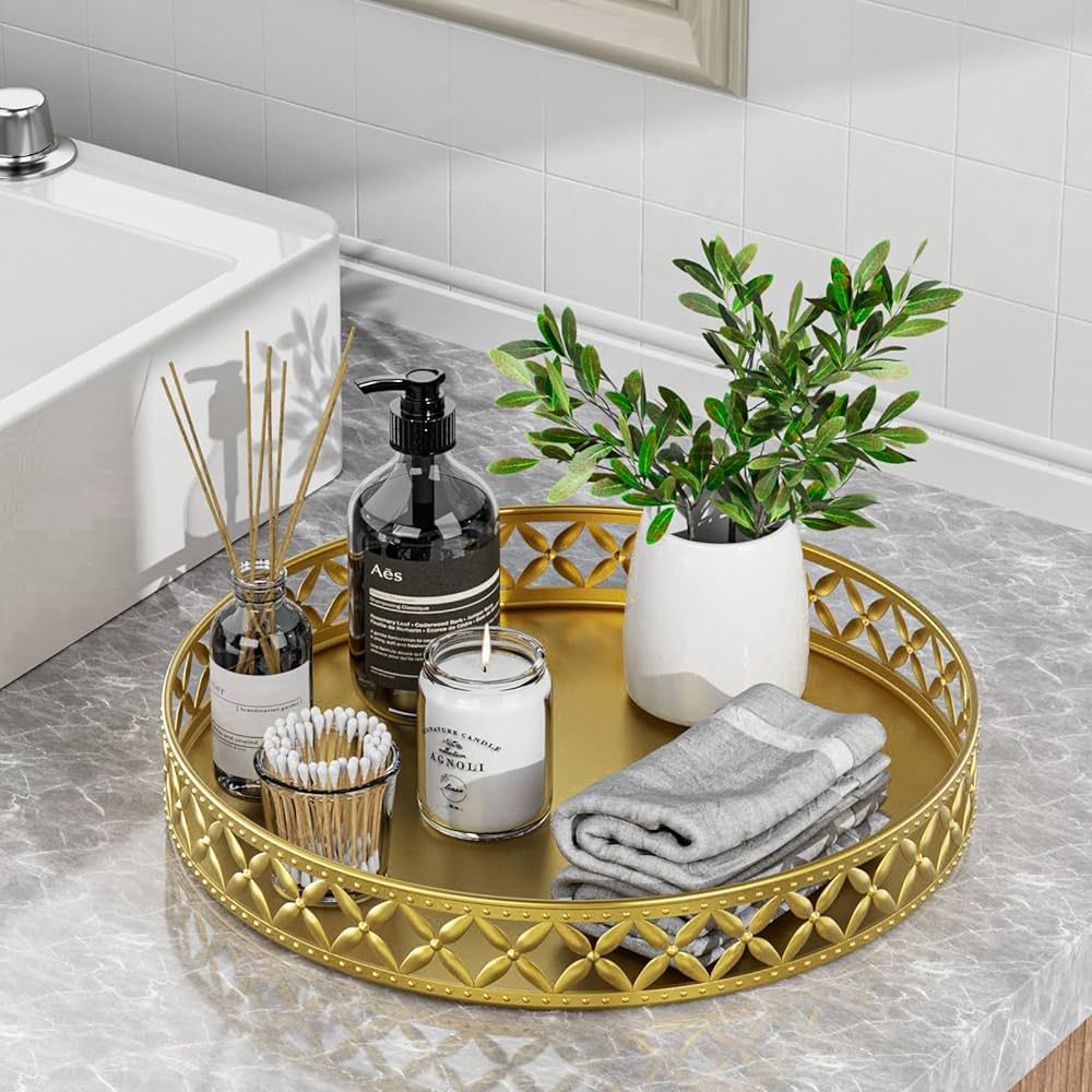 EKNITEY Bathroom Counter Vanity Tray - Perfume Makeup Tray for Dresser Tops Gold Round Serving Tr... | Amazon (US)