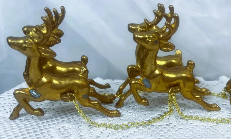 Vintage Brass Santa Sleigh and Four Reindeer 17.50" Long - Etsy | Etsy (US)