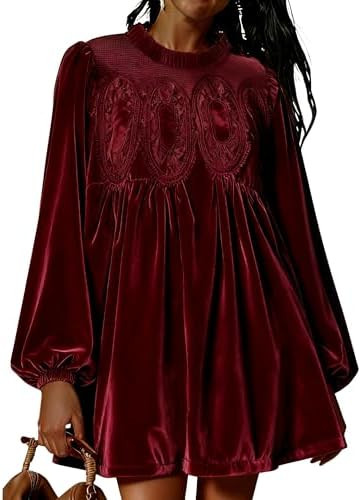 Womens A-Line Velvet Lace Overall Pleated Swing Babydoll Casual Skirtall Scallop Neck Flared Wedd... | Amazon (US)