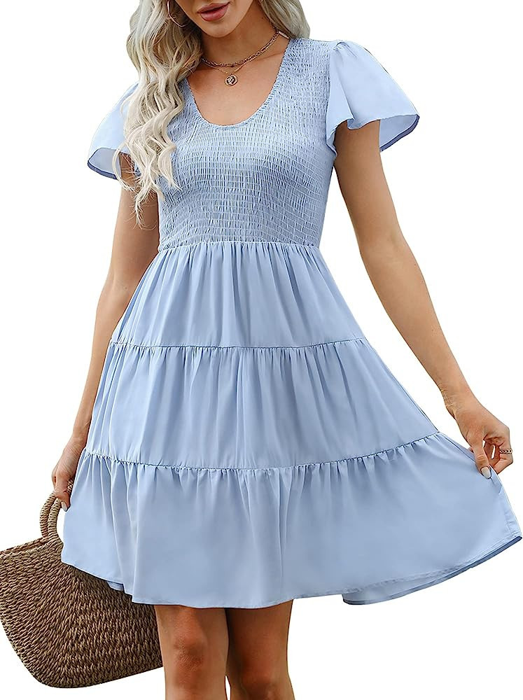 Zwurew Womens V Neck Short Flutter Sleeve Smocked Sundress A Line Flowy Tiered Babydoll Mini Dres... | Amazon (US)
