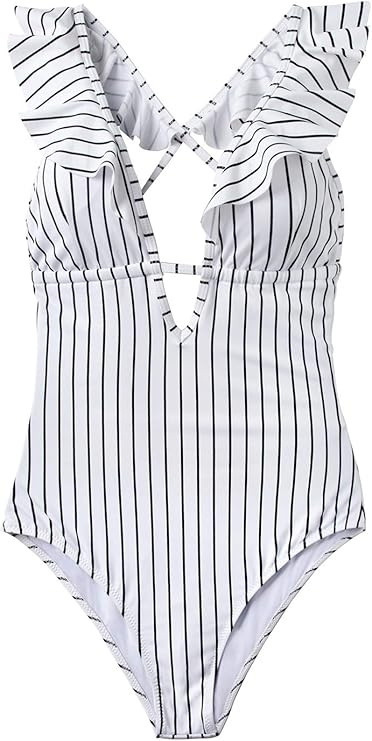 CUPSHE Women's Falbala One Piece Swimsuit Deep V Neck Monokini Swimsuit | Amazon (US)