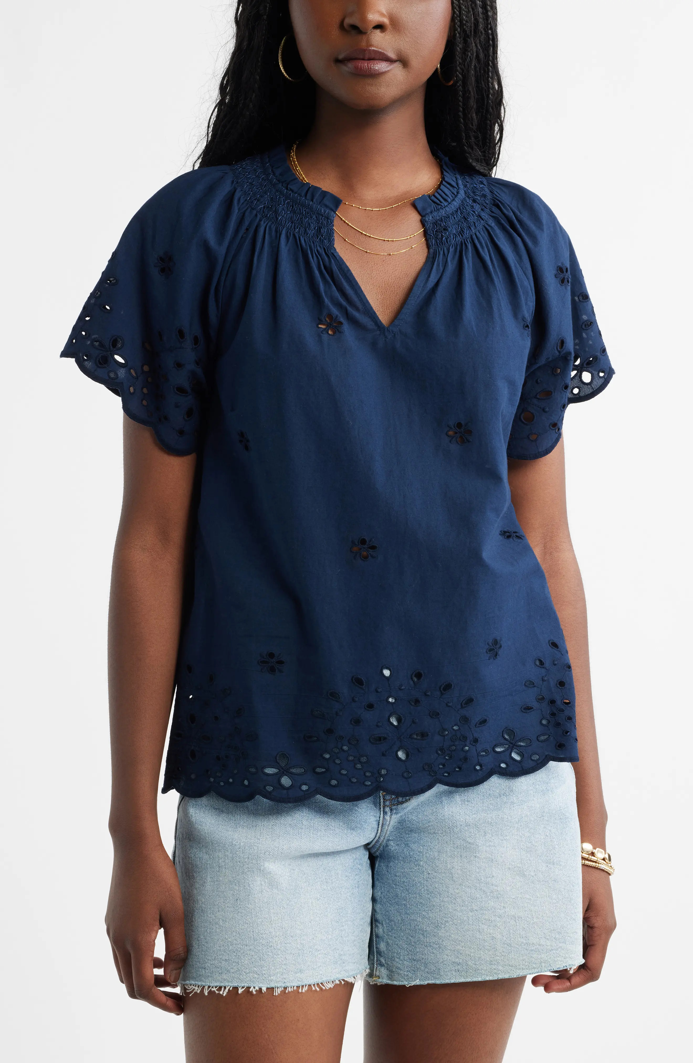 Caslon\u00ae Eyelet Ruffle Trim Cotton Top (Women) | Nordstrom | Nordstrom