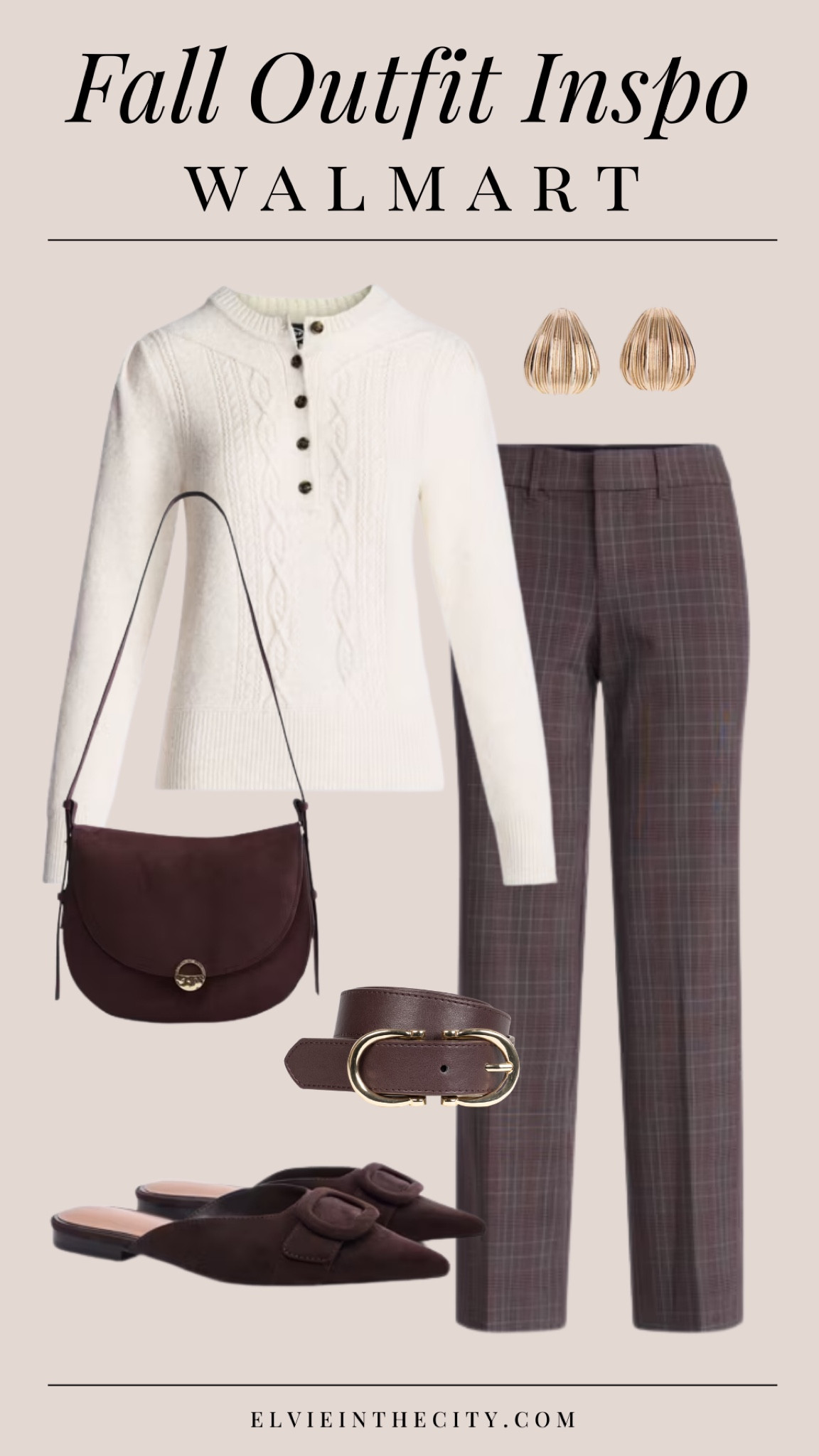 Fall outfit inspo from Walmart includes a cable knit Henley pullover, low rise trousers, a brown belt, brown shoulder bag, pointy brown mules and gold earrings.

Ootd, walmart fashion, affordable fashion, fashion over 40, over 50 style

#LTKOver40 #LTKPetite #LTKootd