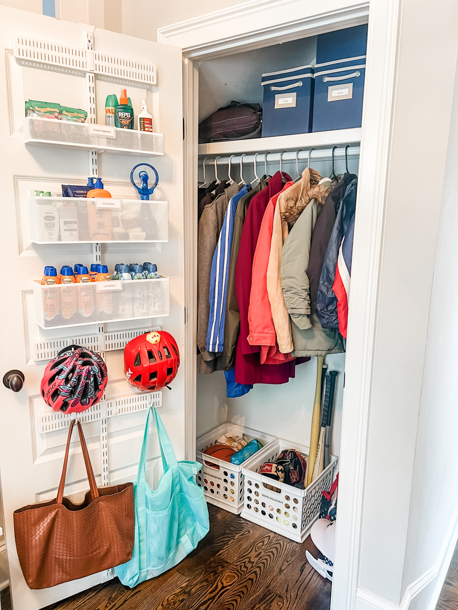Got a bonkers coat closet? We can help! These hall closets can become a hot mess express (with piles of crap 😵‍💫) but with a few strategic storage solutions, we can create a functional system that will work for your family.

 

In this space, adding the Elfa door rack worked perfectly for corralling sunscreen, helmets, and bags. We also repurposed some of our client's existing organizing products and the result is a closet that works for everybody. 

 