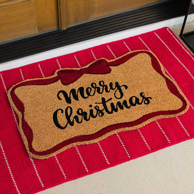 Merry Christmas Red Bow Shaped Coir Doormat | Kirklands Home | Kirklands