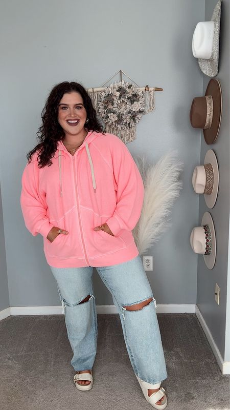Aerie shell pink try on 💖 Cozy loungewear for Spring and Summer. Casual oversized hoodie outfits with tank top + light wash distressed curvy denim. Wearing a size XL in Aerie pieces, XL/XXL in tank top, 17 in jeans. Sandals are under $35 at Target! 🎯

#LTKplussize #LTKstyletip #LTKSeasonal